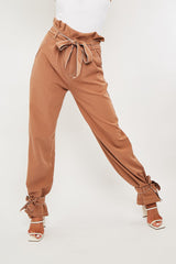 Camel Contrast Stitch Ankle Tie Trousers - Neyla