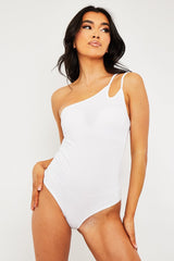 White Ribbed Double Strap One Shoulder Bodysuit - Lavia