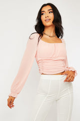 Pink Crepe Ruched Panel Crop Top - Laurie