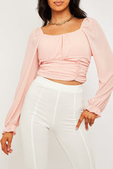 Pink Crepe Ruched Panel Crop Top - Laurie