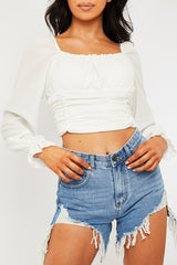 White Crepe Ruched Panel Crop Top - Laurie