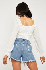 White Crepe Ruched Panel Crop Top - Laurie