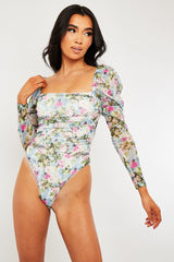 Blue Floral Puff Sleeve Bodysuit - Deana