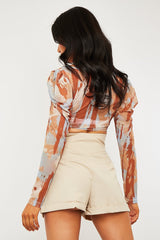Brown Marble Print Ruched Crop Top - Tina