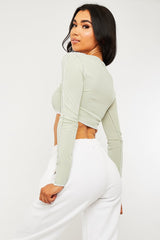 Sage White Contrast Stitch Ribbed Crop Top - Candice