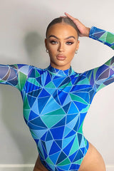 Blue Geometric Pattern Mesh Bodysuit - Bee