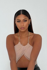 Beige Gold Chain Halter Neck Crop Top - Leena
