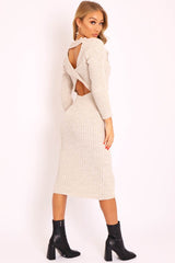 Beige Open Twist Back Maxi Bodycon Jumper Dress - Karrah-Dresses