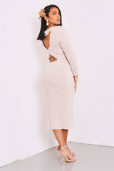 Beige Open Twist Back Maxi Bodycon Jumper Dress - Karrah-Dresses