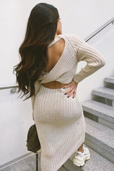Beige Open Twist Back Maxi Bodycon Jumper Dress - Karrah-Dresses