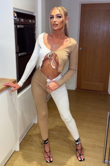 Beige Splice Contrast Stitch Tie Front Crop Top + Leggings - Ryia