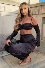 Black Bardot Satin Crop Top - Alana