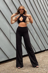 Black Halter Neck Crop Top + High Waist Flare Trouser Set - Sheri