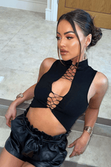 Black High Neck Lace Up Detail Sleeveless Crop Top - Jeniya