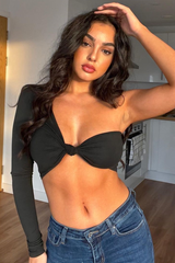 Black Knot Front One Sleeve Crop Top - Yeliz