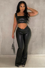 Black PU Leather Corset Crop Top - Roxa