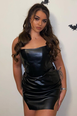 Black PU Leather Corset Cut Out Hem Mini Dress - Sava