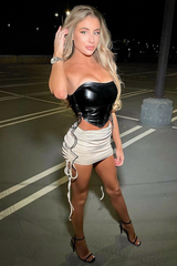 Black PU Leather Lace Up Corset Crop Top - Vian