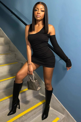 Black Rib One Sleeve Asymmetric Mini Dress - Nola
