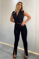 Black Sleeveless Blazer Top - Frankiee-Tops