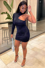 Black Slinky Cut Out One Sleeve Mini Dress - Rubee