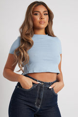 Blue Cut Out Tie Back Cropped T-shirt - Mel-T-shirt