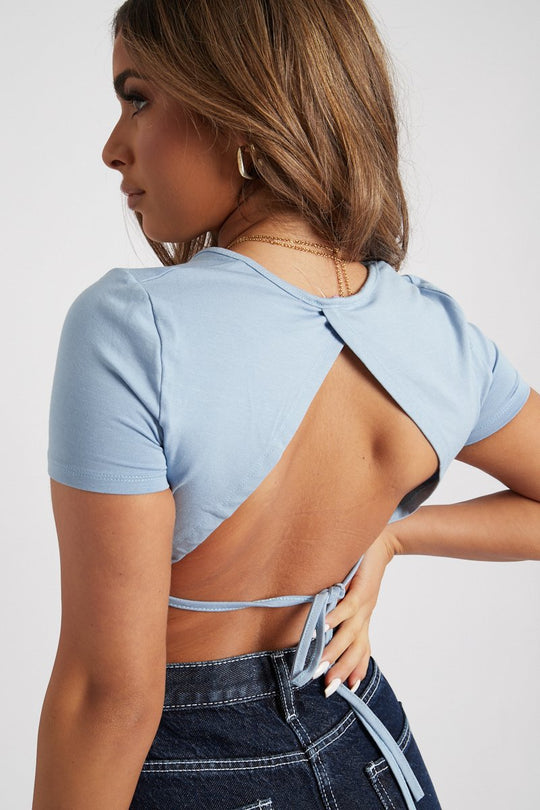 Blue Cut Out Tie Back Cropped T-shirt - Mel