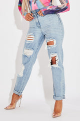 Blue Extremely Ripped Denim Mom Jeans - Ellynor-Jeans