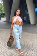 Blue Extremely Ripped Denim Mom Jeans - Ellynor-Jeans