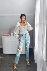 Blue Extremely Ripped Denim Mom Jeans - Ellynor-Jeans