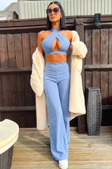 Blue Halter Neck Crop Top + High Waist Flare Trouser Set - Sheri