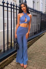 Blue Halter Neck Crop Top + High Waist Flare Trouser Set - Sheri