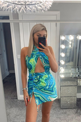Blue Marble Halter Neck Cut Out Ruched Mini Dress - Oliviyah