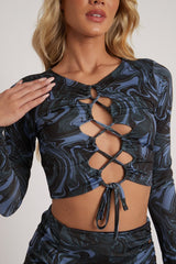 Blue Marble Print Mini Skirt & Crop Top Co-Ord - Kylin-Co-Ords