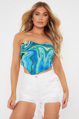 Blue Marble Print Tie Back Bandana Crop Top - Toka-Crop Tops