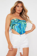 Blue Marble Print Tie Back Bandana Crop Top - Toka-Crop Tops