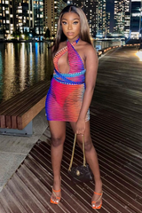 Blue Mesh Blend Halter Neck Mini Dress - Lelah