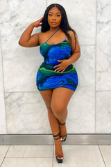 Blue Print Mesh Asymmetric Straps Mini Dress - Tuliya