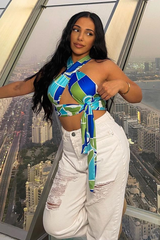 Blue Print Tie Halter Neck Crop Top - Aashi
