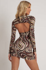 Brown Marble Print Cut Out Long Sleeve Mini Dress - Dezlyn-Dresses