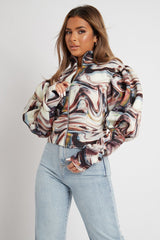 Brown Marble Print Puff Shoulder Jacket - Keaton-Jackets