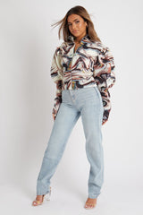 Brown Marble Print Puff Shoulder Jacket - Keaton-Jackets