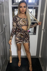 Brown Marble Print Side Ruched Cut Out Mini Dress - Aniisa