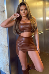 Brown PU Leather Corset Crop Top - Roxa