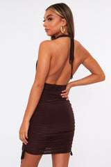 Brown Slinky Ruched Halter Neck Mini Dress - Jaedah-Dresses