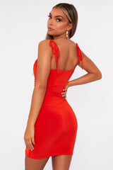 Burnt Orange Slinky Ruched Tie Strap Bodycon Dress - Caressa-Dresses