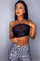 Black Distressed Halter Neck Crop Top - Camila
