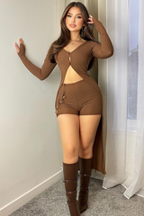 Chocolate Rib Maxi Cardigan & Shorts Set - Charmaine