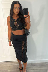 Black Knot Cut Out Crop Top & Midi Skirt Set - Clara