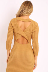Camel Open Twist Back Maxi Bodycon Jumper Dress - Karrah-Dresses